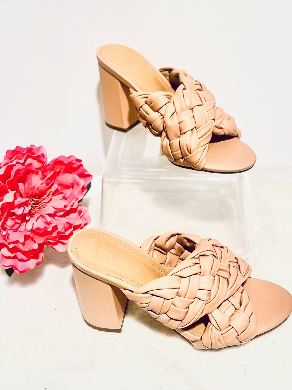 jf j.ferrar Nude Blush Woven Braided Strap Block Chunky Heel Mule Sandal 7.5